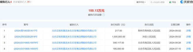 北京正和恒基滨水生态环境治理被执行217元今年以来已被执行多次涉及北京湖北江苏等